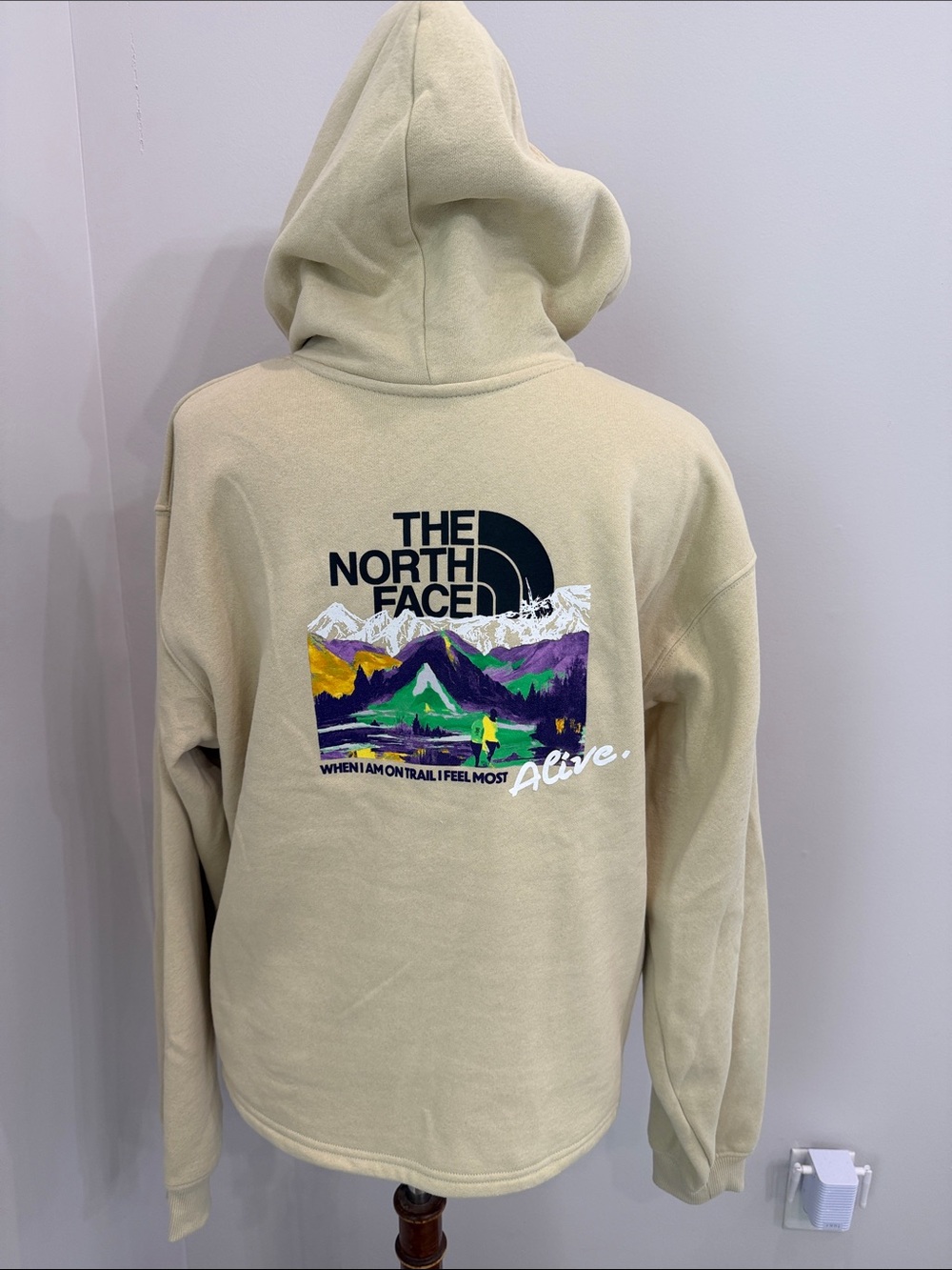 The North Face Cream Crewneck Hoodie with Colorful Mountain Graphic
